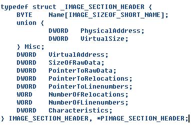 3. Section Table (IMAGE_SECTION_HEADER) :PE 헤더바로뒤에구조체배열형식으로위치해있음.