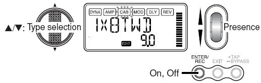 * VALVE1 JAZZ (bass 앰프 ), GSYNTH1-3, BSYNTH1-3이선택되어져있을경우엔위의그림과는틀리게기능을합니다. VOLUME 다이얼은앰프모델링이펙트가 OFF 상태여도볼륨조정을합니다. CAB : 케비넷모델링 (Cabinet Modeling) 앰프케비넷의시뮬레이션입니다.