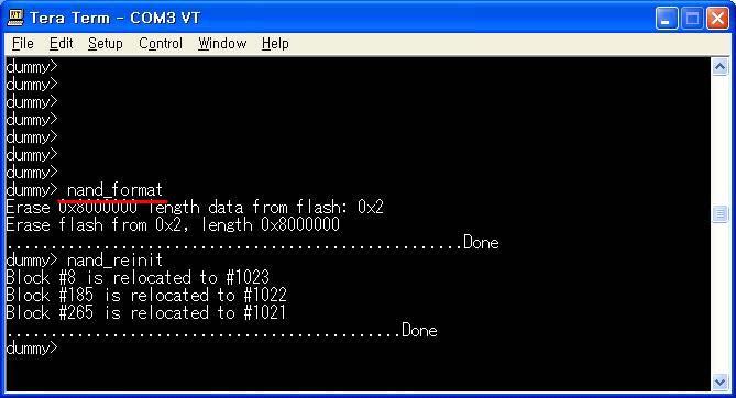 Section 8. Jflash Download Dummy> 프롬프트에서 nand_format, nand_reinit 를실행하여 nand flash를초기화한다. 4. Bootloader Download Dummy 에서 tftp로리눅스부트로더 (boot.