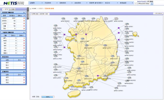 8. 주요화면 Netis-NMS 웹보고서 검색 / 필터기능 엑셀변환기능 다양한웹분석보고서페이지제공, 권한에따른배포기능제공 웹의모든데이터컬럼에검색및필터하는기능제공 웹의모든보고서페이지에서엑셀로변환하는기능제공 웹토폴로지상황판 사용자별로별토의토폴로지화면구현 장애 / 성능상황을토폴로지에표현