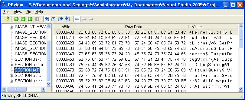 DD(); // wsprintfa 주소 DD(); // wsprintfw 주소 DD(); // user32.dll 종료 이렇게맂든후에 DLL 을빌드하면 < 화면 1> 에나타난것과같이 IAT 섹션이추가되고그곳에우 리가사용할함수이름이가지런히들어가있게된다. Z 프로텍터는이정보를참조해서 IAT 를생 성한다.