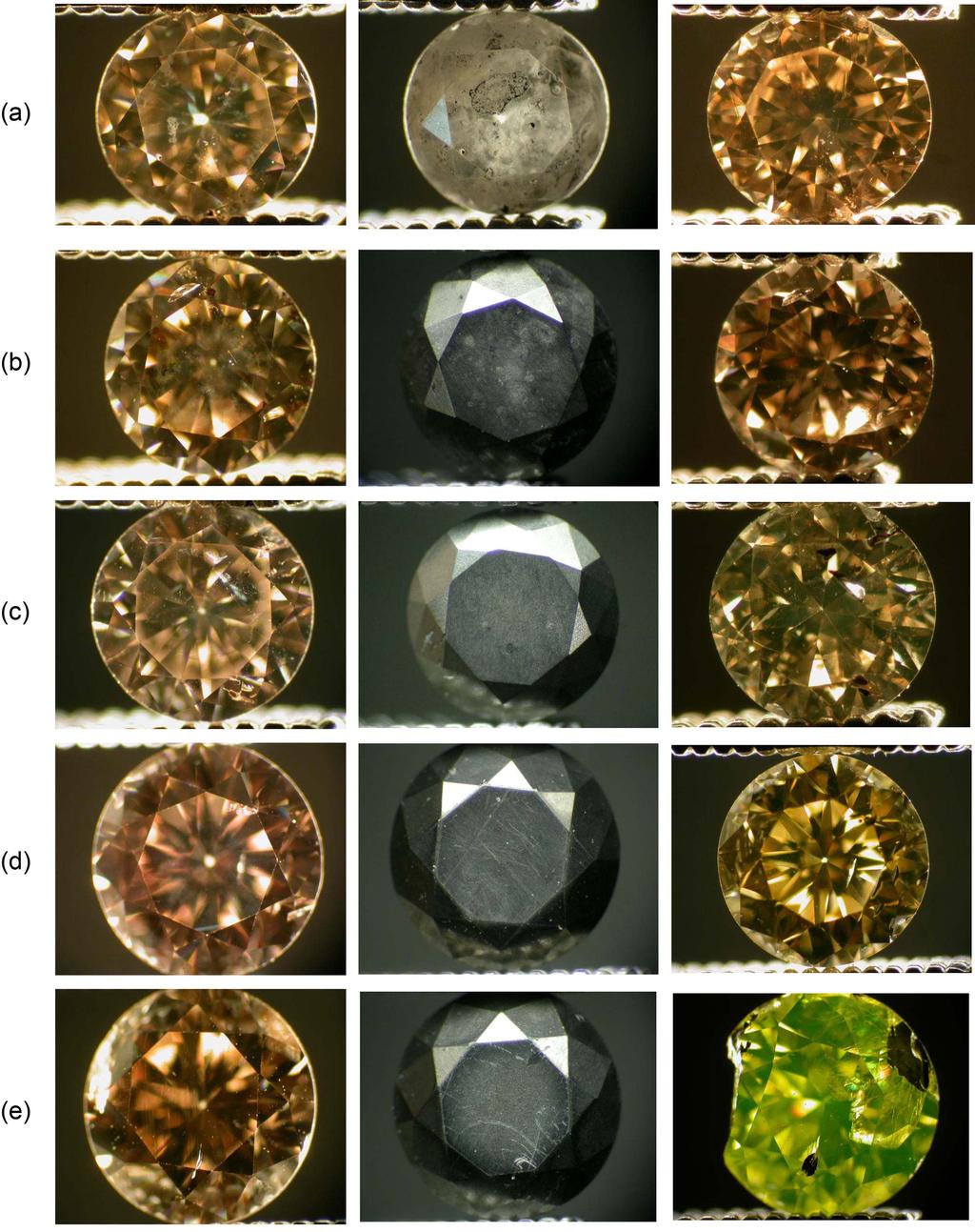 갈색 Type I 다이아몬드의고압열처리에따른표면흑연화생성연구 617 Fig. 4. Optical micro-images of the brown Type I diamonds : Lefts are before treated, centers are after HPHT treated, and rights are treated and repolished.