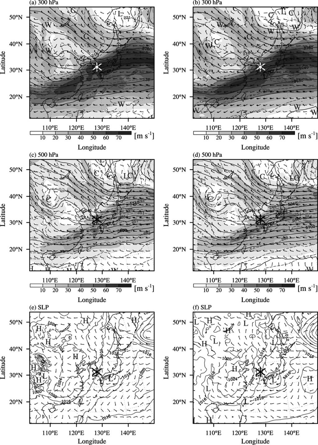 2 except at 00 UTC 16 Feb 2003. 트류가 한반도를 가로지르고 있으며, 500 hpa에서는 한반도에 장파 기압골이 위치하여 그 풍하측에서는 서풍이, 풍상측에서는 북서풍이 나타난다.