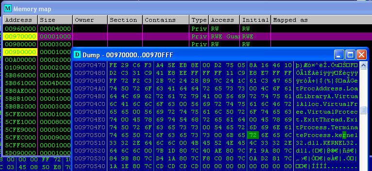 Ollydbg OllyDbg 에서 memory 덤프뜨기 - Memory map (Alt+M) 에서원하는 Address 선택 - Dump