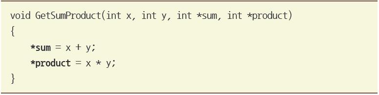 포인터에 의한 전달 출력 인자의 사용 예(2/2) 19: void GetSumProduct(int x, int y, int *sum, int *product) 20: { 21: *sum = x + y; 22: *product = x * y; 23: } sum과 product는 출력인자 13