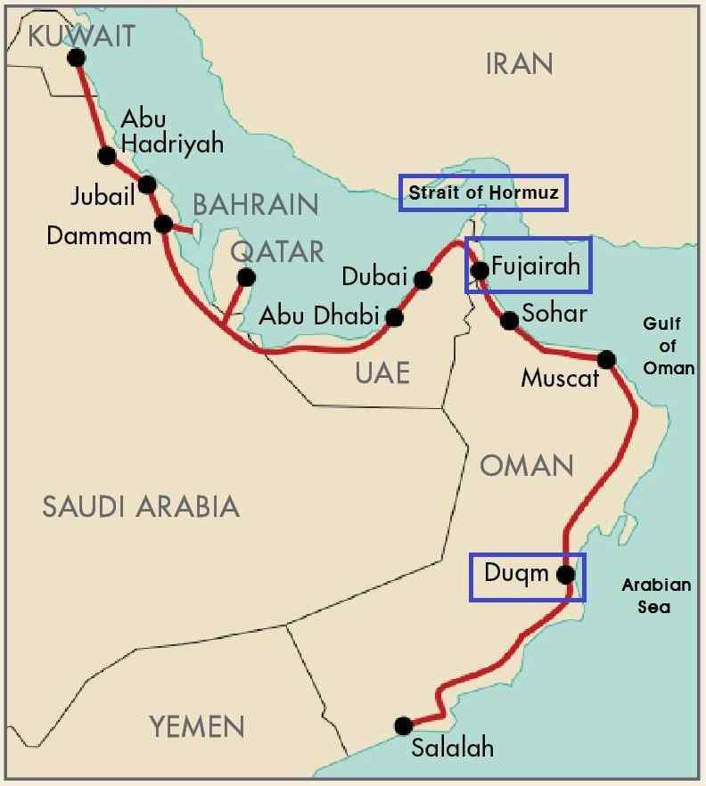Aramco 등여러국제석유기업들을유치하고있음. - Duqm항과 Fujairah항은이란에의한봉쇄위험이있는호르무즈해협을거치지않고오만만 (Gulf of Oman) 으로수송할수있는이점이있음. < 오만 Duqm 항, UAE Fujairah 항위치도 > 자료 : Sablaoman (MEES, 2013.7.