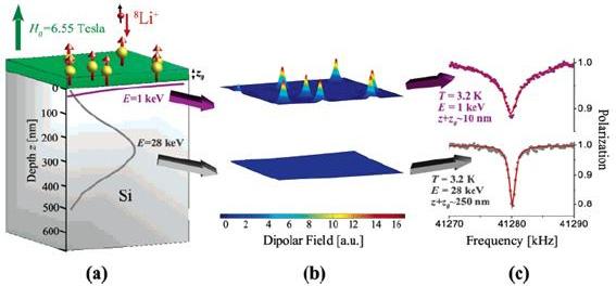 물리학과첨단기술의세계 Fig. 6. (a) Stopping profiles of 8 Li ion for two different values of implantation energy. (b) Simulation of dipolar fields for two different implantation depths.