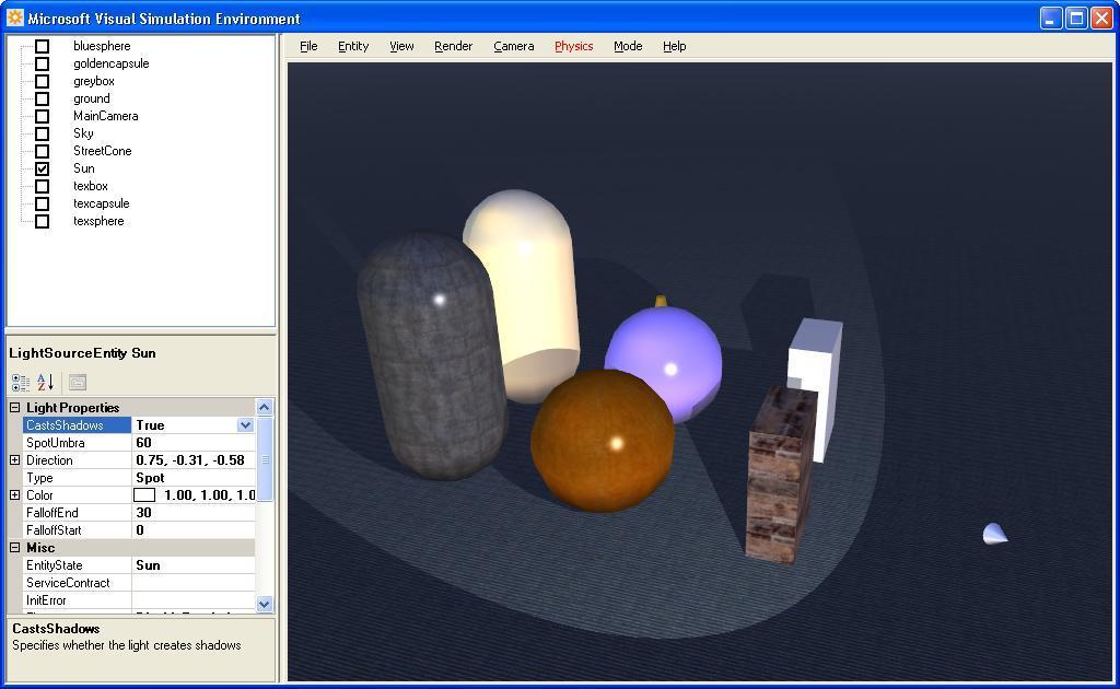 그림 11 - Spotlight 에서의 Shadows Cast 시뮬레이션상의사물에대해서다양한색상옵션또한세부적인설정이가능합니다. 해당엔터티에대해 Mesh 항목을세부적으로확장선택해나가면, Ambient, Diffuse, Specular, 그리고 Power 속성값들을볼수있습니다.