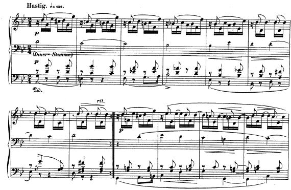 Hastig에서슈만의다성적인흐름에대한예찬과새로운시도로서그의작곡은전체적인방식과결합한다. Innere Stimme 는 24마디로구성된 Hastig 의섹션 A를통해서계속된다. Clara Schumann (Breitkopf and Hartel) 과 Max Vogrich (Schirmer) 의에디션에서기인한방향성은중간에서음표들이연상이되지만연주가이루어지지는않는다.