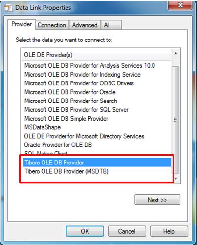 C:\Windows\syswow64\rundll32.exe "C:\Program Files (x86)\common Files\System\Ole DB\oledb32.dll",OpenDSLFile C:\tibero.udl c. Provider 가등록된것을확인한다. [ 그림 2.9] 32bit 용 OLE DB 등록확인 4.