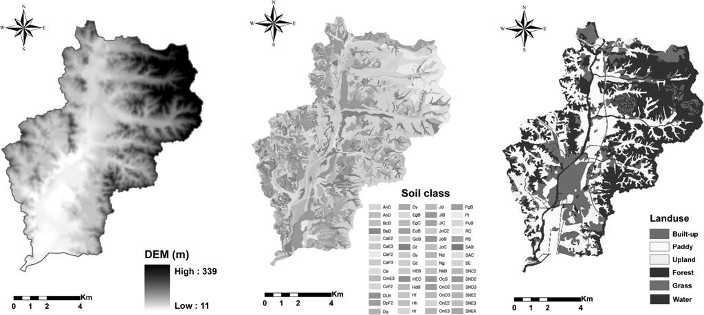 SWAT-QUALKO2 연계 모형을 이용한 관개기 순별 관개수질 모의 (a) DEM (b) Soil map (c) Land use map Fig.