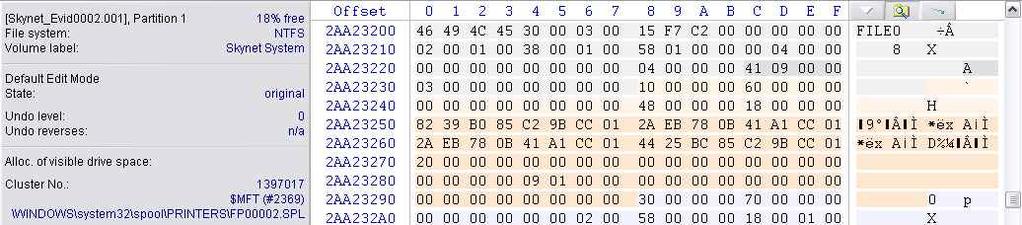Mouse scroll 을아래로내려바로다음 MFT(+1024 Byte) 를살펴보니 SPL 확장자를가진 Spool Data 들이발견되었습니다. [ 그림 8-4] MFT 2369(FP000002.