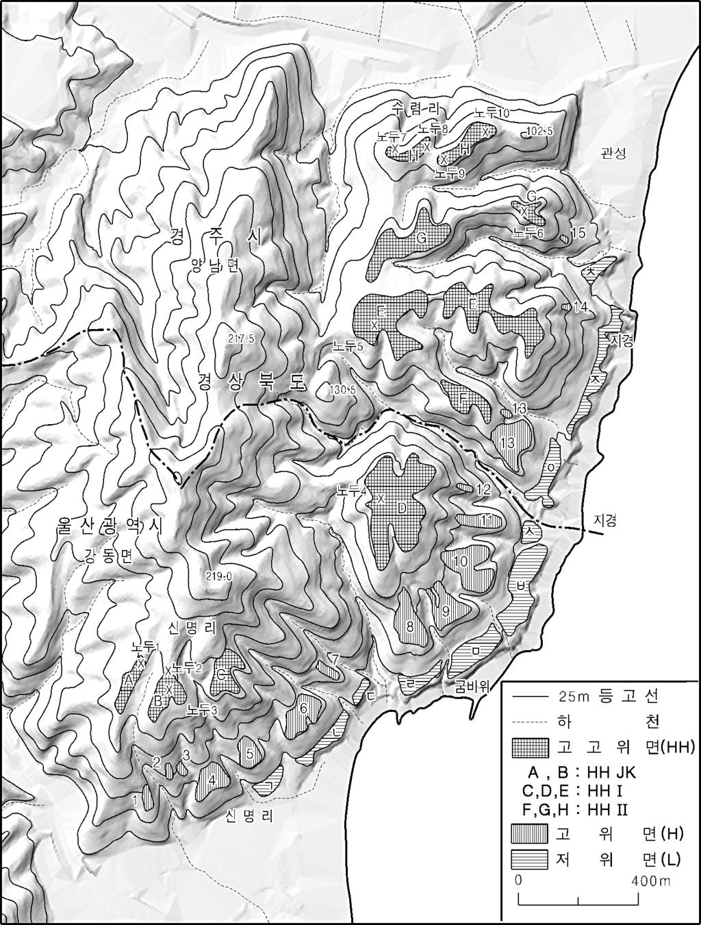 한국 남동해안 경주-울산 경계지역 지경리 일대 해안단구 지형발달 그림 2. 연구지역의 해안단구 분포 고고위면에 비해 훨씬 좁을 뿐 아니라, 한국 남동 해안에서 고위면 규모로는 크지 않은 편이다.