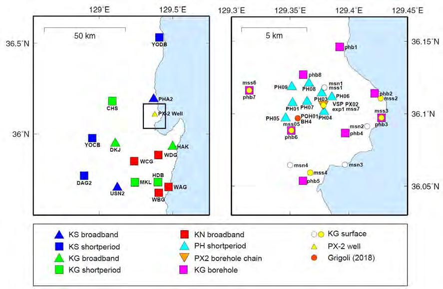 제 5 장지진분석 POH01,BH4 Fig. 5-1. Location map of seismic stations used in this study. 5.3. 속도모델 수리자극시험과지진의연관성을분석하기위해서는진원을정확하게결정해야한다. 진원은 P파와 S파의주시자료와속도모델의결합으로결정되며, 지진파속도모델에따라수 km의진원차이가발생할수있다.