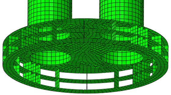대형원통의 직경은 7.75m, 4개로 구성된 멀티기 둥의 각 강관직경은 2m이다. 강재 탄성계수는 210GPa, [Fig.