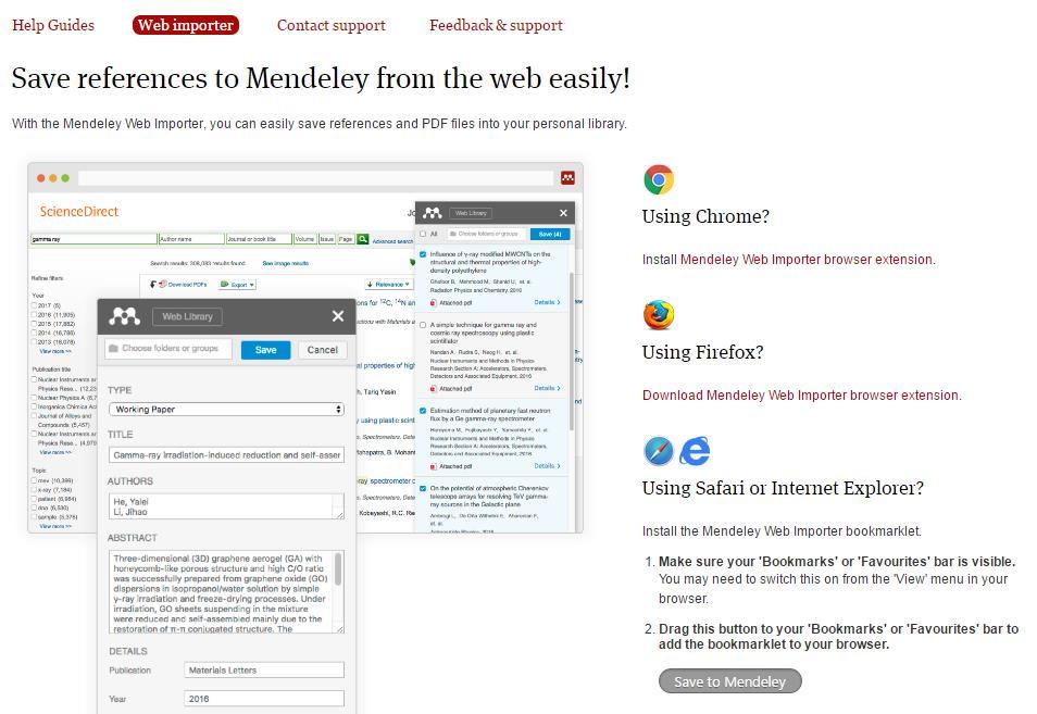 Web Importer : Import from Web Databases 데스크탑메뉴 Tools -> Install Web Importer 혹은 www.mendeley.