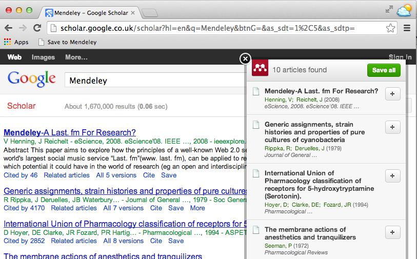 Web Importer : Import from Web Databases by IE DB 에서논문검색후, 검색결과화면에서 Save to Mendeley 를클릭합니다. 팝업창이뜨고, 논문을선택적으로혹은해당페이지에서보이는모든논문을 Mendeley 에바로저장할수있습니다.