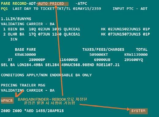 Ⅲ. 항공운임계산의실제 4) BARGAIN FINDER REBOOK 를활용한 PNR 작성절차 순서내용지시어 1 기본여정을 Y-CLASS 로작성함 A02JUNSELLON#BA N1Y1 A10JUNLONSEL#BA N1Y1 2 최저운임계산및자동재예약진행 WPNCB