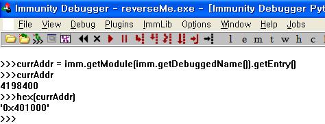 debugger() 앞서확인했듯이 Debugging 용 method 를사용하기위해 import 된 immlib 의 Debugger Class 를 imm 으로줄여서선언하였습니다. curraddr = imm.getmodule(imm.getdebuggedname()).getentry() imm.