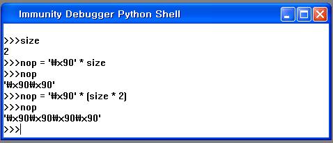 nop = \x90 * size nop 변수에얻어온 size 맊큼 \x90 을넣습니다. size 가 2 라면 nop 변수에는 \x90 가두번들어 가게됩니다. [ 그림 3-15. nop 변수에 size 맊큼 \x90 넣기 ] imm.