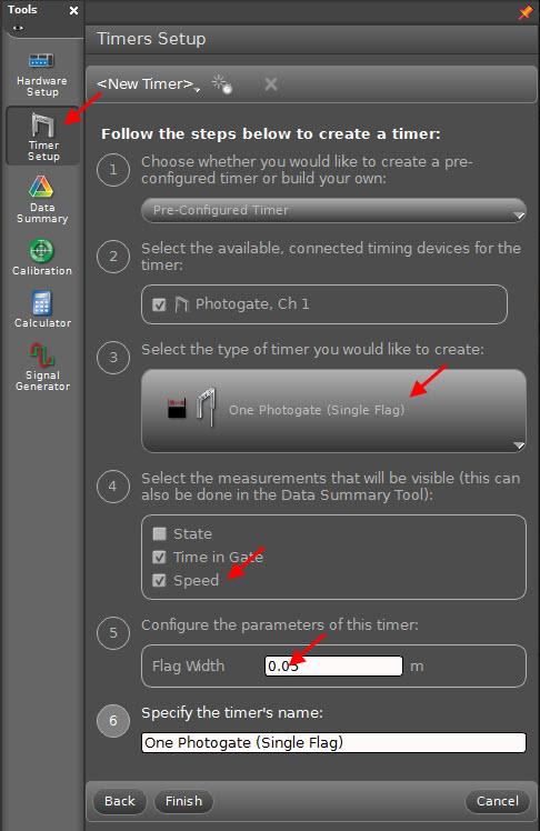[Tools] 메뉴의 [Timer Setup] 에서타이머를설정한다. 3 타이머종류는 [One Photogate (Single Flag)] 로한다.
