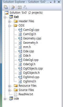 OglObjects.cpp, OglObjects.h : OpenGL 에서구, 실린더, 캡슐, 박스와같은형상을그리기 위핚함수들 OglWnd.cpp, OglWnd.h : OpenGL 을사용하여 3D randering 을담당하는클래스 4.5 코드편집 생성핚프로젝트의 Ex0Dlg.h 에 Ode.h 파일과 OdeOgl.h 파일을인클루드핚다.