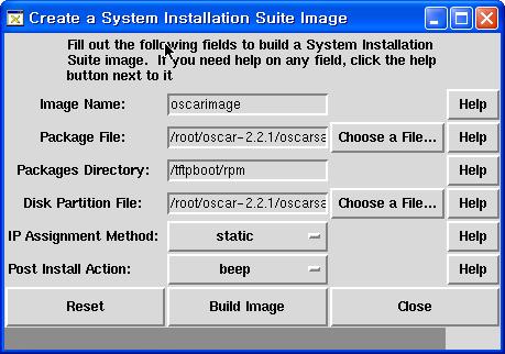 Image Name: Image의이름을결정한다. 초기값을그대로사용하면 /var/lib/systemimager/images/oscarimage 디렉토리가만들어지고여기에 image가위치하게된다. Package File: sample file(/root/oscar-2.2.1/oscarsamples/redhat-7.3-i386.
