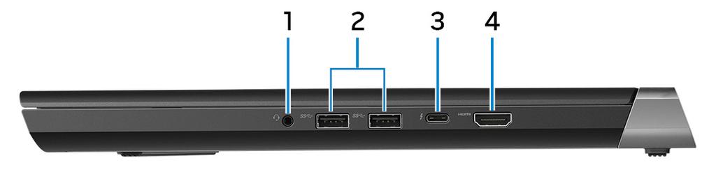 오른쪽 1 헤드셋포트 헤드폰또는헤드셋 ( 헤드폰및마이크콤보 ) 을연결합니다. 2 USB 3.1 Gen 1 포트 (2) 외부스토리지장치및프린터와같은주변장치를연결합니다. 최대 5Gbsps 의데이터전송속도를제공합니다. 3 Thunderbolt 3(USB 3.1 Gen 2 Type-C) 포트 /DisplayPort USB 3.