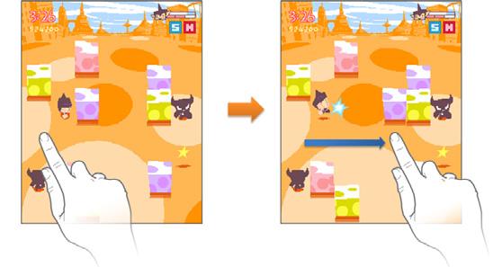 'Bomberman' 의경우화면상의아이콘은단순터치하여아이템을적용해야했지만, [ 그림 8] 과같이개발게임에서는사용자가 Drag를통해직접옮긴아이템을플레이어캐릭터에게 Drop하여적용할수있게함으로써조작의재미를제공함과동시에아이템의적용방식을직관적으로이해하고사용할수있도록적용하였다.