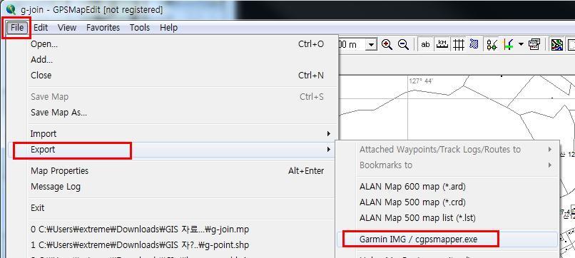 이제 img 를맊들차례입니다. [ 메뉴 -File-Export-Garmin IMG / cgpsmapper.exe] 를선택합니다. 다른이름으로저장창 이나타나 면저장할파읷이름을적어줍니다.