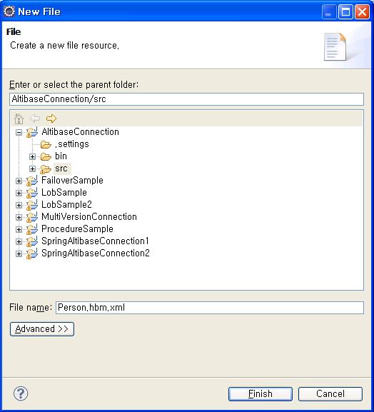 AltibaseConnection 프로젝트 src 디렉토리에서마우스오른쪽버튼클릭하여 New File 을클릭한다. 2.