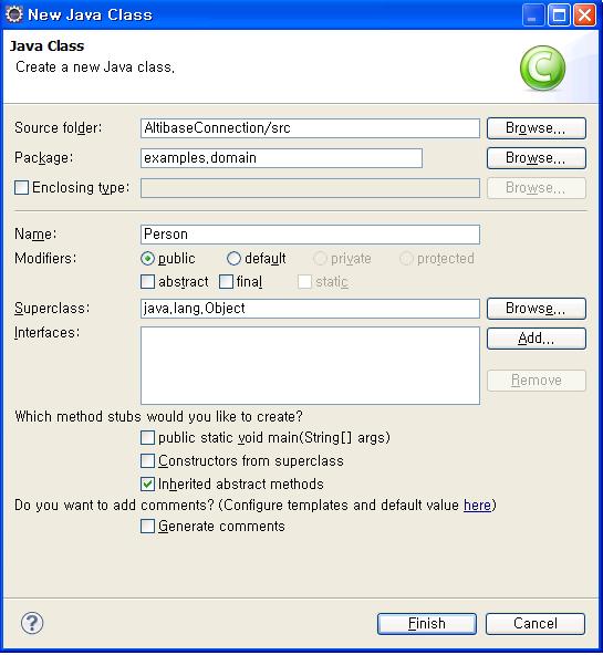 </session-factory> </hibernate-configuration> Application 작성 1. person 테이블에대한 DO 객체인 Person 클래스 (Person.java) 를작성한다. 1-1. AltibaseConnection 프로젝트의 src 디렉토리에서마우스오른쪽버튼클릭하여 New Class 를클릭한다. 1-2.