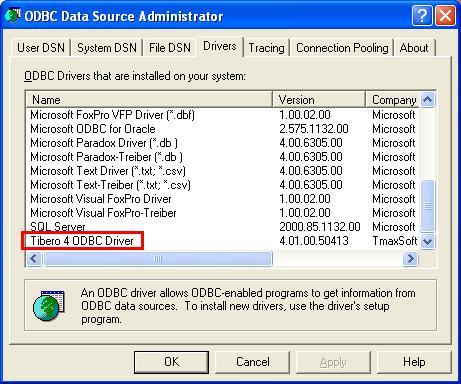 설치 설치순서는다음과같다. 1. libtbcli.dll 파일을설치할폴더에복사한다. ODBC 데이터원본관리자에서 libtbcli.dll 파일을동적으로링크하여사용한다. 2. 명령프롬프트 (cmd.exe) 창을실행한후, 다음과같은명령을실행한다. %TB_HOME%\client\bin\odbc_driver_install.