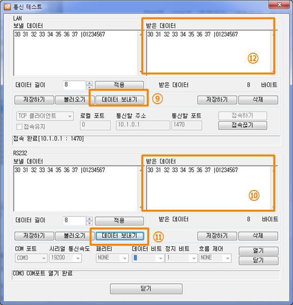 양방향데이터전송 9 LAN 의 [ 데이터보내기 ] 버튼클릭 그림 2-7 정상적인데이터전송 10 9 번에서보낸데이터가표시되는지확인 그림 2-8 LAN RS232 11