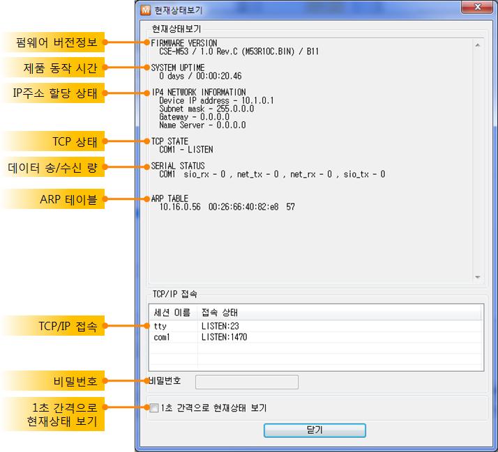 6.2.2 ezmanager 를이용한상태점검 ezmanager에서 [ 현재상태보기 ] 버튼을누르면 CSE-M53의현재상태를확인할수있습니다. 이때 [1초간격으로현재상태보기 ] 옵션을설정하면 1초주기로현재상태가자동갱신됩니다.