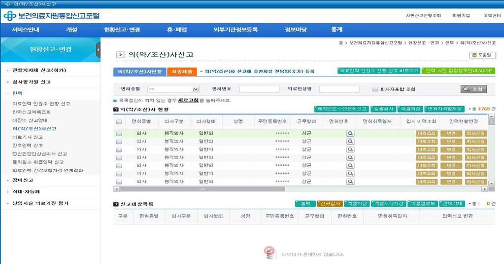 온라인신고따라하기 ( 의 ( 약 / 조산 ) 사신고 ) ➎ ➋ ➌ ➎ 기본정보, 자격등록, 휴가등록, 근무병동 탭별로신고사항입력후임시저장 ➊