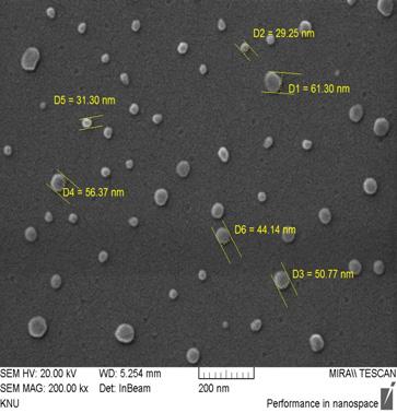 한국산학기술학회논문지제 17 권제 4 호, 2016 (a) (c) Fig. 10. FE-SEM images of silver nano particles at different concentration of silver nitrate solution; (a) 0.002 M (b) 0.003 M (c) 0.004 M (d) 0.005 M (b) (d) 2.