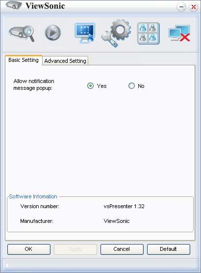 4. Basic Setting ( 기본설정 ) 페이지에서 vspresenter 를구성할수있습니다. 알림메시지가표시되도록하려면 Yes ( 예 ) 를클릭합니다. Apply ( 적용 ) 을클릭합니다.