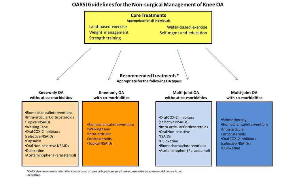 6/14 OARSI Guidelines for the Non-surgical Management of Knee OA( 출처 : www.oarsi.org) 무릎관절염의약물치료에는경구용약제, 관절강내주사제및세포치료제등이있다. 경구용약제에는 acetaminophen, 비스테로이드항염제 (NSAIDs), 마약성진통제등이있다.
