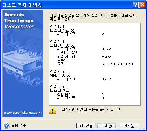 하드디스크번호와함께디스크용량, 레이블, 파티션및파일시스템정보도표시됩니다. 주, 논리및할당되지않은공간을포함하는다양한파티션형식이서로다른색상으로표시됩니다. 앞에서수동파티션생성을선택한경우파티션레이아웃이다르게나타납니다. 이파티션방법은아래에서설명합니다. 14.3.11 복제요약 다음창에는디스크에서수행될작업목록이간략한설명과함께표시됩니다.