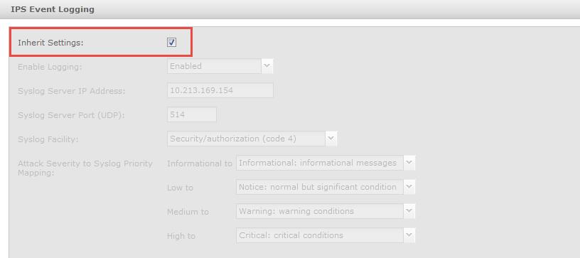 IPS 의향상된기능 XFF 의향상된기능 4 이제도메인에속하는모든 Sensor 에 syslog 전달을사용할수있습니다. 방금구성한모든설정이각 Sensor 에자동상속되는것을 Sensor 의 [IPS 이벤트로깅 ] 페이지에서볼수있습니다. 각 Sensor 에서구성업데이트만수행하면통보전송을시작하기위한단계가모두끝납니다.