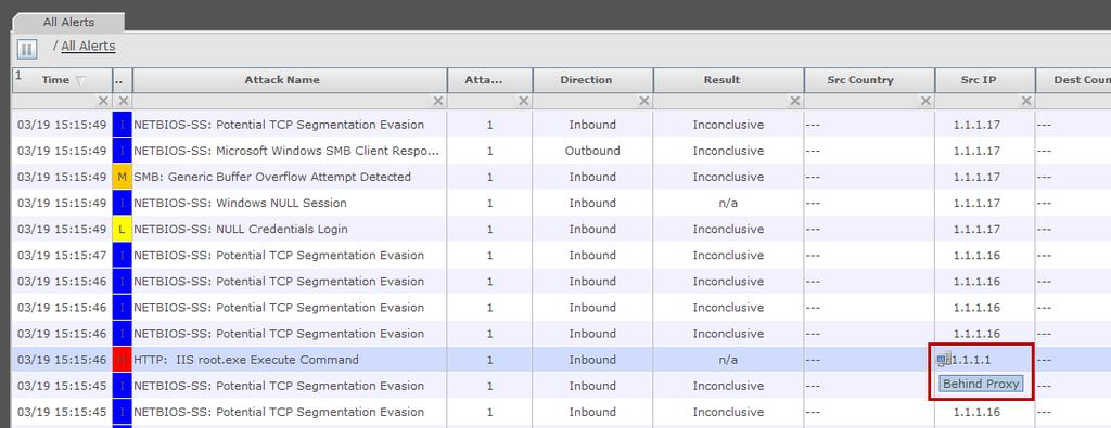 IPS 의향상된기능 XFF 의향상된기능 4 원본 IP 주소를보려면 Manager 의 Threat Analyzer 로이동해야합니다. 이러한 IP 주소는 IP 주소가실제소스 IP 주소임을나타내는특정아이콘으로플래그되어있습니다. 이는결과적으로실제소스와 Sensor 간에프록시서버가있음을의미합니다. 프록시서버의세부정보를보려면해당경보의경보세부정보를확인해야합니다.