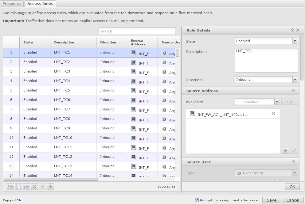 3 Manager 의향상된기능 Java 에서마이그레이션하기위한 Manager UI 재설계 (extjs 로마이그레이션 ) 6 액세스규칙의섹션을선택하고선택사항을지정합니다. 그림 3-7 Firewall 액세스규칙추가 고급 Firewall 정책의경우 [ 소스주소, 방향, 소스사용자, 대상주소, 응용프로그램 ], [ 유효시간 ] 및 [ 응답 ] 값을변경합니다.