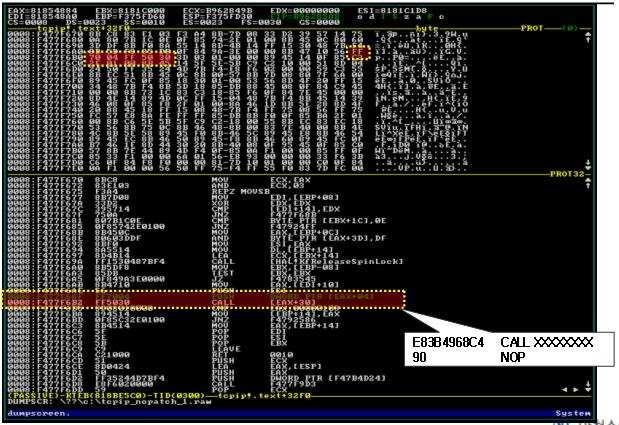 [ 그림 4-8] Tcpip.sys 에대한 Detour Patch Tcpip.sys 프로토콜드라이버에대해서는다음의함수에대해서 IMPORT Address Table에대한변경으로 IAT 후킹을더하였다. 1 NdisCloseAdapter 2 NdisOpenAdapter [ 그림 4-9] 는윈도우의네트워크시스템에대해서형상화한것이다.