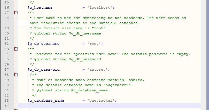 4. 도구설치방법 4.4 Database 설정하기 (1/5) mantis 폴더에서 config_defaluts_inc.