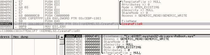 iv) 아래의커널파일을생성함. 악성코드를은폐하기위한커널후킹기능을수행. - 생성위치및파일명 : 시스템폴더 \drivers\rsboot.