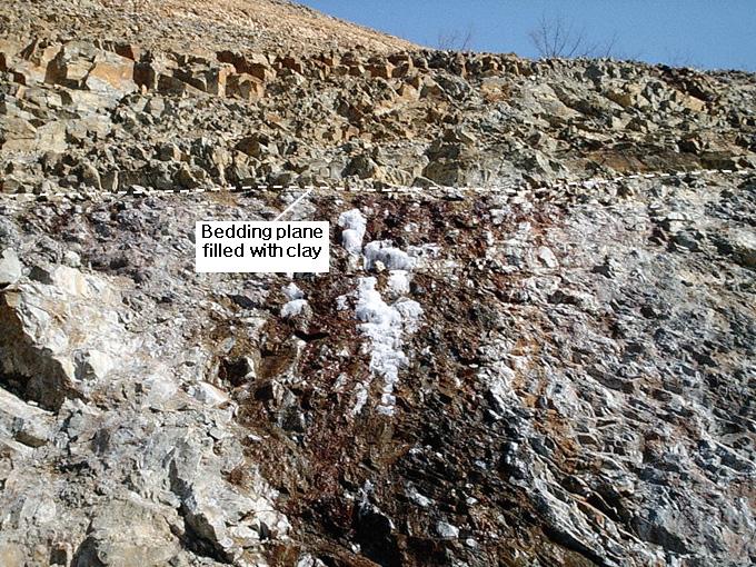 Fig. 11. Emerging groundwater from clay filled bedding plane clay at E section Fig. 12. Detailed weathering rate and fault developed at 'G' section 되었다.