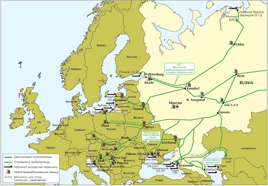 제 3 장에너지자원의수출수송시스템현황과운영체계 43 해서흑해를통과하여유럽지역으로수출됨. 우크라이나영토내 Odessa-Brody 노선 은 2002년 5월에카스피해에서생산된원유 ( 수송능력 18만 b/d) 를흑해에서중부유럽으로수송하기위해서우크라이나정부에의해서건설된것이었음.
