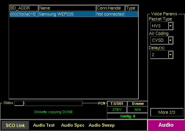 테스트할 Packet Type 설정 Voice 코딩방식을설정 5 Discover: More 1/3 Discover 버튼을누른다. TC-3000C 가 Inquiry/page 과정을통해 Pairing 상태에있는 Headset 을찾는다.