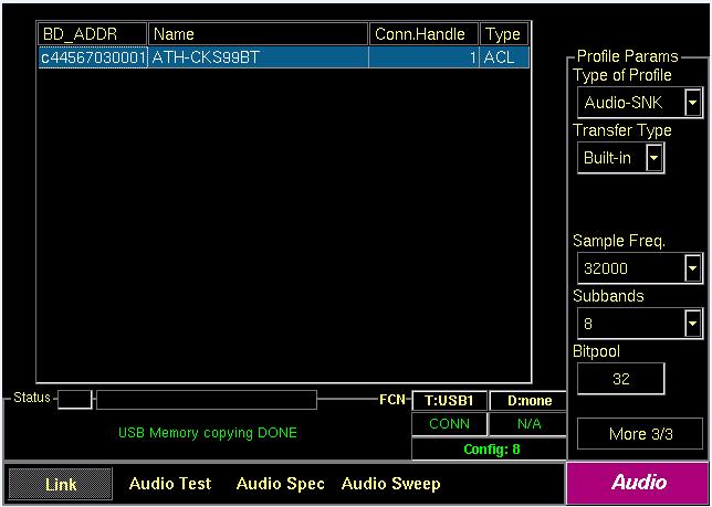 Audio-SNK 설정 4 Discover: More 1/3 Discover 버튼을누른다. TC-3000C 가 Inquiry/page 과정을통해 Pairing 상태에있는 Stereo Headset 을찾는다.